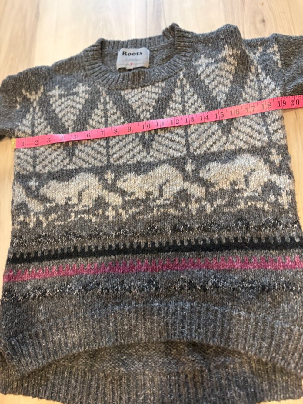 Roots x LINE Knitwear Fair Isle Nordic Sweater Gray Pink Size M - Picture 6 of 10